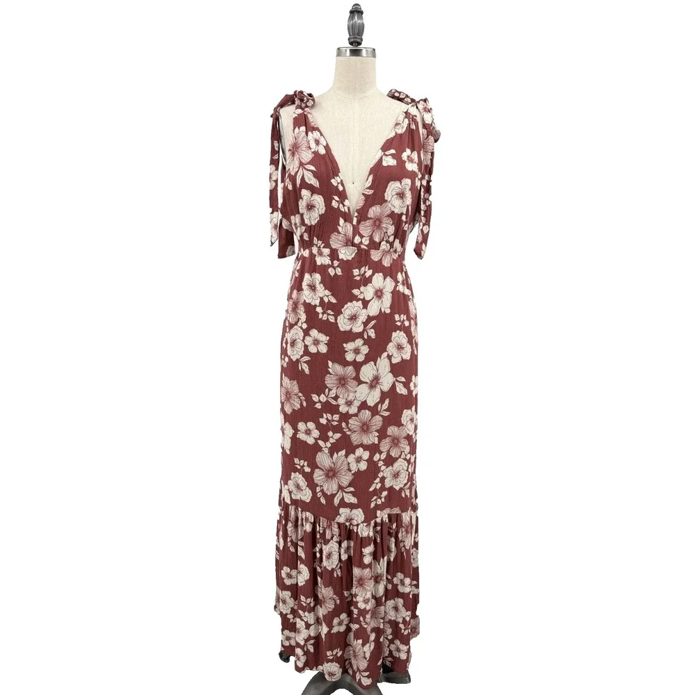 Abercrombie & Fitch Floral Maxi Dress M Rust Red Boho Tie Shoulder Deep V